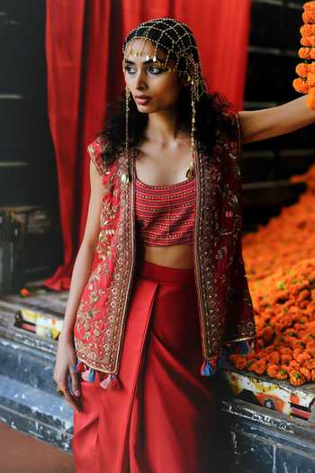 Shop_Alam By Tulsi Patel_Red Silk Embroidery, Tassels Scoop Neck Kanchan Jacket And Draped Skirt Set _Online_at_Aza_Fashions