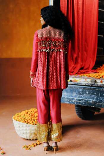 Shop_Alam By Tulsi Patel_Red Silk Embroidery, Zari Round Neck, Yes Rohira Flared Kurta And Pant Co-ord Set _at_Aza_Fashions