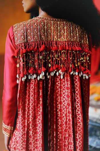 Shop_Alam By Tulsi Patel_Red Silk Embroidery, Zari Round Neck, Yes Rohira Flared Kurta And Pant Co-ord Set _Online_at_Aza_Fashions