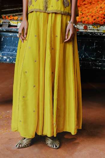 Shop_Alam By Tulsi Patel_Yellow Silk Embroidery Round Neck Datura Jacket And Palazzo Set _Online_at_Aza_Fashions