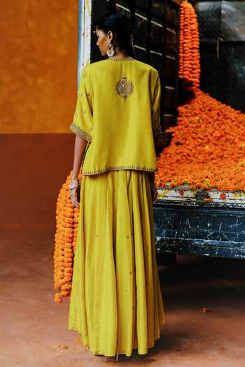 Shop_Alam By Tulsi Patel_Yellow Silk Embroidery Round Neck Datura Jacket And Palazzo Set _at_Aza_Fashions