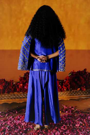 Shop_Alam By Tulsi Patel_Blue Silk Embroidery Open , Square Kusum Jacket And Dhoti Pant Set _at_Aza_Fashions