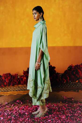 Alam By Tulsi Patel_Mint Silk Embroidery Cowl Neck Utpala Draped Kaftan And Pant Set _Online_at_Aza_Fashions