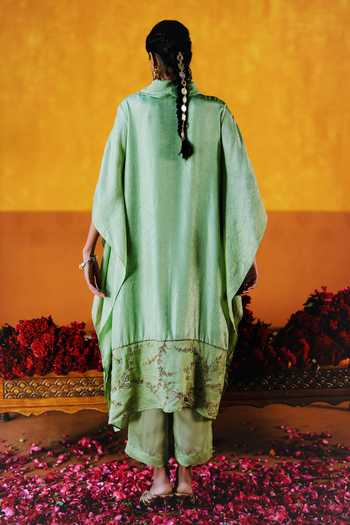 Shop_Alam By Tulsi Patel_Mint Silk Embroidery Cowl Neck Utpala Draped Kaftan And Pant Set _at_Aza_Fashions