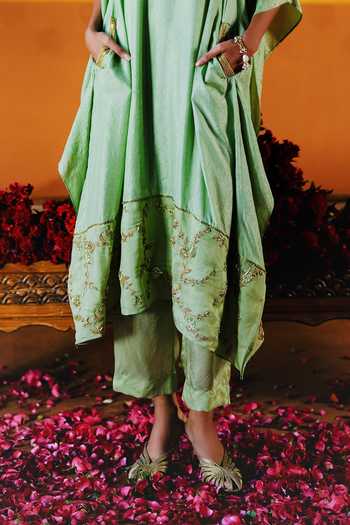 Shop_Alam By Tulsi Patel_Mint Silk Embroidery Cowl Neck Utpala Draped Kaftan And Pant Set _Online_at_Aza_Fashions
