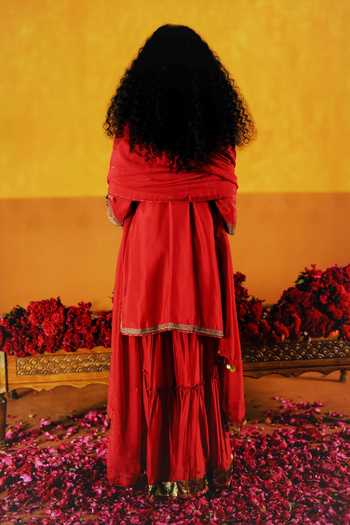 Shop_Alam By Tulsi Patel_Gold Silk Embroidery, Tassels V-neck, Yes Semal Kurta Sharara Set _at_Aza_Fashions