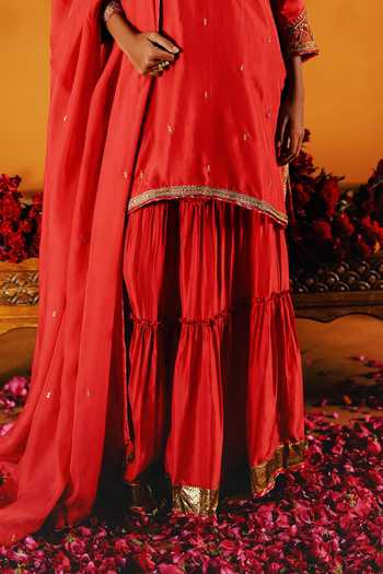 Shop_Alam By Tulsi Patel_Gold Silk Embroidery, Tassels V-neck, Yes Semal Kurta Sharara Set _Online_at_Aza_Fashions