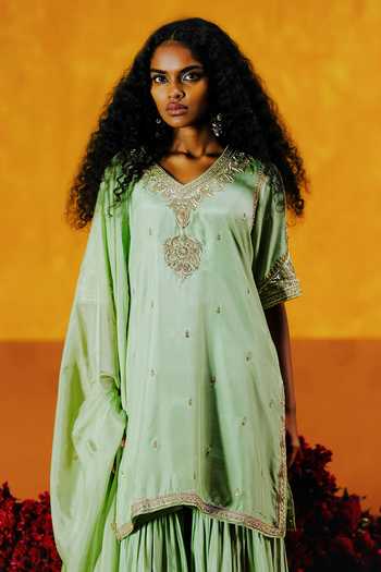 Alam By Tulsi Patel_Gold Silk Embroidery, Zari, Tassels V-neck Semal Kurta Sharara Set _Online_at_Aza_Fashions