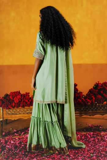 Shop_Alam By Tulsi Patel_Gold Silk Embroidery, Zari, Tassels V-neck Semal Kurta Sharara Set _at_Aza_Fashions