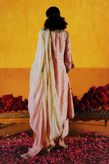 Shop_Alam By Tulsi Patel_Pink Silk Embroidery Round Neck Placed Handwoven Kurta And Pant Set _at_Aza_Fashions