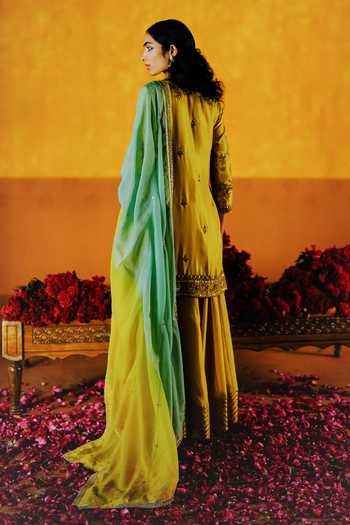 Shop_Alam By Tulsi Patel_Yellow Silk Embroidery Round Neck, Yes Hingot Kurta Sharara Set _at_Aza_Fashions