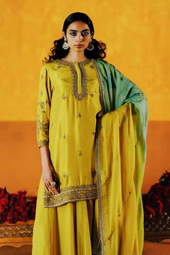 Alam By Tulsi Patel_Yellow Silk Embroidery Round Neck, Yes Hingot Kurta Sharara Set _Online_at_Aza_Fashions