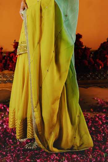 Buy_Alam By Tulsi Patel_Yellow Silk Embroidery Round Neck, Yes Hingot Kurta Sharara Set _Online_at_Aza_Fashions