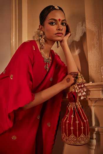Alam By Tulsi Patel_Red Silk Zari, Gota Patti Aaheli Embroidered Kaftan And Pant Set _Online_at_Aza_Fashions