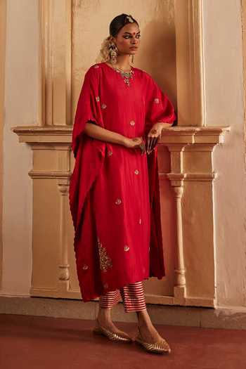 Shop_Alam By Tulsi Patel_Red Silk Zari, Gota Patti Aaheli Embroidered Kaftan And Pant Set _at_Aza_Fashions