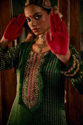 Shop_Alam By Tulsi Patel_Gold Silk, Cotton, Tissue Embroidery Round Neck Hand Stripe Kurta And Pant Set _Online_at_Aza_Fashions