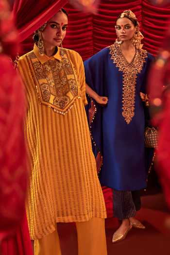 Shop_Alam By Tulsi Patel_Yellow Silk Zari, Tassels Mandarin Collar Avya Striped Kurta And Pant Set _at_Aza_Fashions