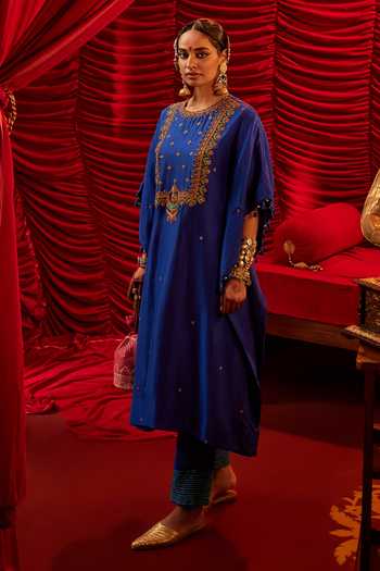 Buy_Alam By Tulsi Patel_Blue Silk Embroidery, Beads Round Neck Chandani Hand Kaftan And Pant Set _at_Aza_Fashions
