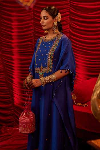 Shop_Alam By Tulsi Patel_Blue Silk Embroidery, Beads Round Neck Chandani Hand Kaftan And Pant Set _at_Aza_Fashions