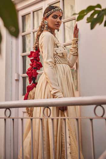 Shop_Alam By Tulsi Patel_Ivory Silk, Tissue Embroidery V-neck Ekanshi Anarkali Set _at_Aza_Fashions