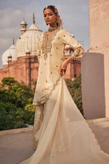 Shop_Alam By Tulsi Patel_Ivory Silk, Organza, Tissue Embroidery, Hand Kurta Sharara Set With Dupatta _at_Aza_Fashions