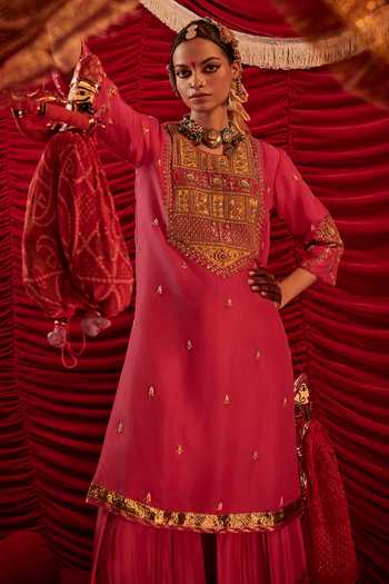 Alam By Tulsi Patel_Pink Silk Gota Patti, Zari, Tassels High Nitara Embroidered Kurta Sharara Set _Online_at_Aza_Fashions