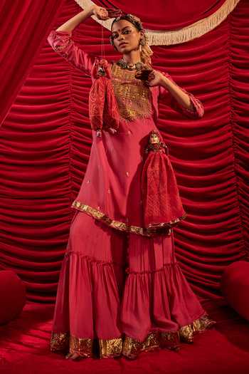 Shop_Alam By Tulsi Patel_Pink Silk Gota Patti, Zari, Tassels High Nitara Embroidered Kurta Sharara Set _at_Aza_Fashions