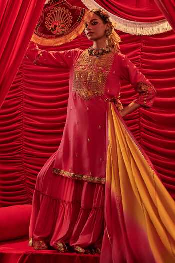 Buy_Alam By Tulsi Patel_Pink Silk Gota Patti, Zari, Tassels High Nitara Embroidered Kurta Sharara Set _at_Aza_Fashions
