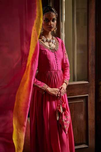 Shop_Alam By Tulsi Patel_Pink Silk, Organza Embroidery, Tassels V-neck Ojasvi Handwoven Anarkali Set _at_Aza_Fashions