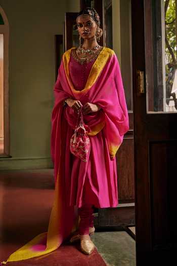 Buy_Alam By Tulsi Patel_Pink Silk, Organza Embroidery, Tassels V-neck Ojasvi Handwoven Anarkali Set _at_Aza_Fashions