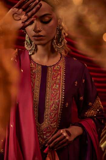 Shop_Alam By Tulsi Patel_Purple Silk Embroidery, Tassels Round Neck Ryka Kurta Pant Set _at_Aza_Fashions