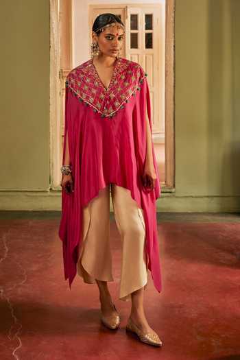 Buy_Alam By Tulsi Patel_Pink Silk V-neck Tara Embroidered Cape And Tulip Pant Set _at_Aza_Fashions