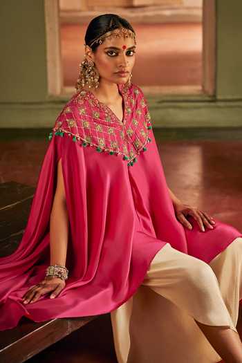 Shop_Alam By Tulsi Patel_Pink Silk V-neck Tara Embroidered Cape And Tulip Pant Set _at_Aza_Fashions