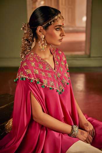 Buy_Alam By Tulsi Patel_Pink Silk V-neck Tara Embroidered Cape And Tulip Pant Set _Online_at_Aza_Fashions