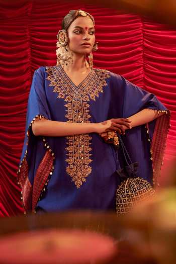 Shop_Alam By Tulsi Patel_Blue Silk, Tissue Embroidery, Zari V-neck Ura And Kaftan & Pant Set _at_Aza_Fashions