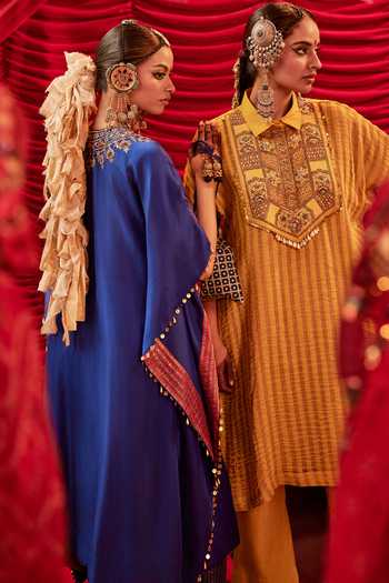 Buy_Alam By Tulsi Patel_Blue Silk, Tissue Embroidery, Zari V-neck Ura And Kaftan & Pant Set _Online_at_Aza_Fashions