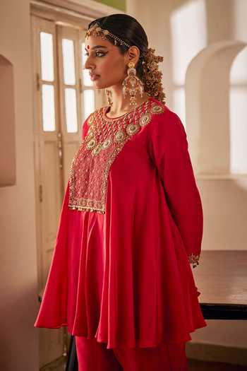 Shop_Alam By Tulsi Patel_Red Silk Embroidery, Zari, Zardozi, Resham Veda Flared Tunic And Pant Set _at_Aza_Fashions
