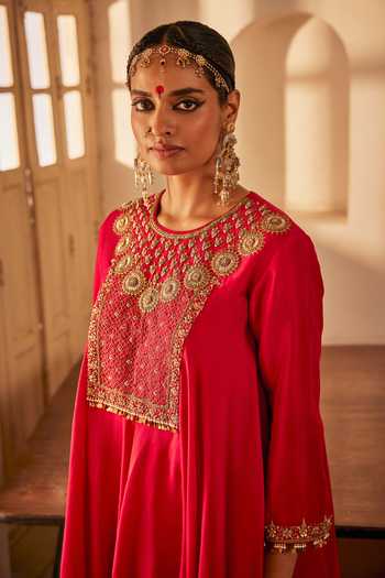 Alam By Tulsi Patel_Red Silk Embroidery, Zari, Zardozi, Resham Veda Flared Tunic And Pant Set _Online_at_Aza_Fashions