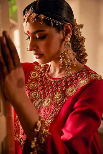 Buy_Alam By Tulsi Patel_Red Silk Embroidery, Zari, Zardozi, Resham Veda Flared Tunic And Pant Set _Online_at_Aza_Fashions