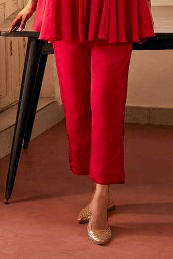 Alam By Tulsi Patel_Red Silk Embroidery, Zari, Zardozi, Resham Veda Flared Tunic And Pant Set _at_Aza_Fashions