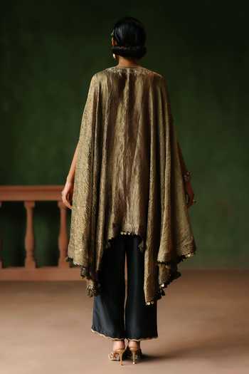Shop_Alam By Tulsi Patel_Black Silk, Cotton, Tissue Embroidery V-neck Raina Cape And Pant Set _at_Aza_Fashions