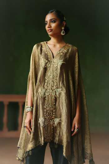 Shop_Alam By Tulsi Patel_Black Silk, Cotton, Tissue Embroidery V-neck Raina Cape And Pant Set _Online_at_Aza_Fashions