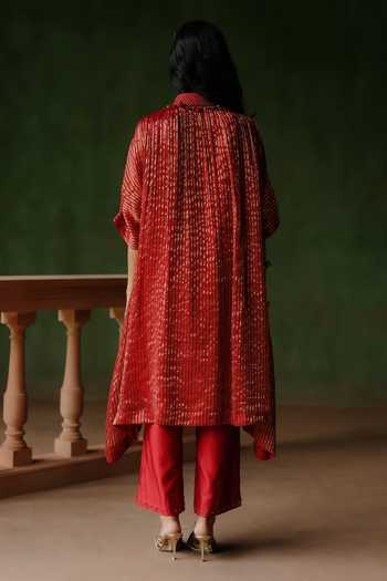 Shop_Alam By Tulsi Patel_Red Silk, Cotton, Tissue Embroidery, Tassels, Zenara Zari Striped Kurta Set _at_Aza_Fashions