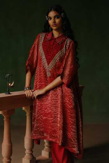 Shop_Alam By Tulsi Patel_Red Silk, Cotton, Tissue Embroidery, Tassels, Zenara Zari Striped Kurta Set _Online_at_Aza_Fashions