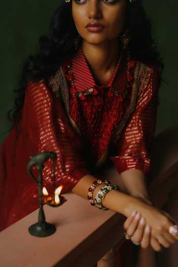 Alam By Tulsi Patel_Red Silk, Cotton, Tissue Embroidery, Tassels, Zenara Zari Striped Kurta Set _at_Aza_Fashions