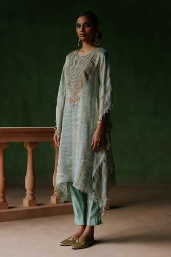 Alam By Tulsi Patel_Blue Silk, Cotton, Tissue Embroidery, Zari Round Neck Naqsh Kaftan And Pant Set _Online_at_Aza_Fashions