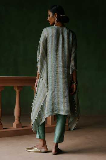 Shop_Alam By Tulsi Patel_Blue Silk, Cotton, Tissue Embroidery, Zari Round Neck Naqsh Kaftan And Pant Set _at_Aza_Fashions