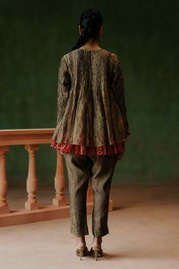 Shop_Alam By Tulsi Patel_Gold Tissue Embroidery, Smocking Round Neck Saqi Smocked Top And Pant Set _at_Aza_Fashions