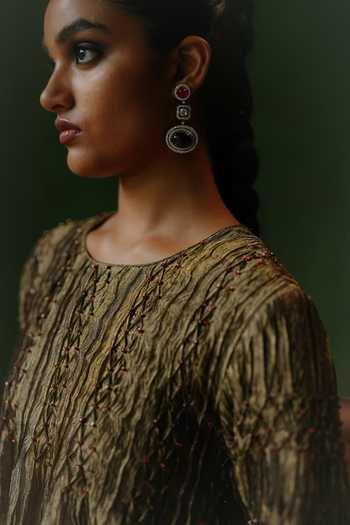 Shop_Alam By Tulsi Patel_Gold Tissue Embroidery, Smocking Round Neck Saqi Smocked Top And Pant Set _Online_at_Aza_Fashions