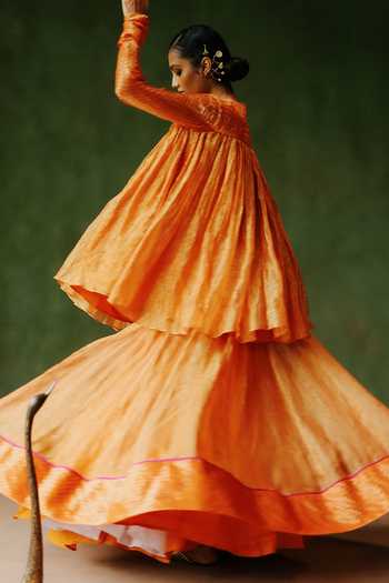 Alam By Tulsi Patel_Orange Tissue Embroidery, Zardozi Split V-neck Jahan Flared Top And Lehenga Set _Online_at_Aza_Fashions